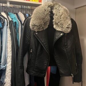 Topshop Black Leather Jacket with Plush Fur Collar